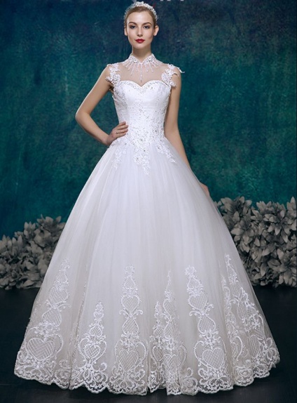 A-line Ball gown Sweetheart Floor length Tulle Lace High round/Slash neck Wedding dress