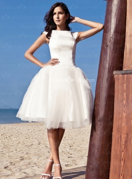 LOVELY - A-Line Short Cheap Satin High round/Slash neck Wedding dress