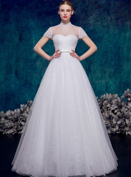 A-line Ball gown Sweetheart Floor length Tulle Lace High round/Slash neck Wedding dress