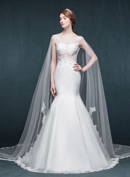 Mermaid Chapel train Tulle Lace Low round/Scooped neck Wedding dress