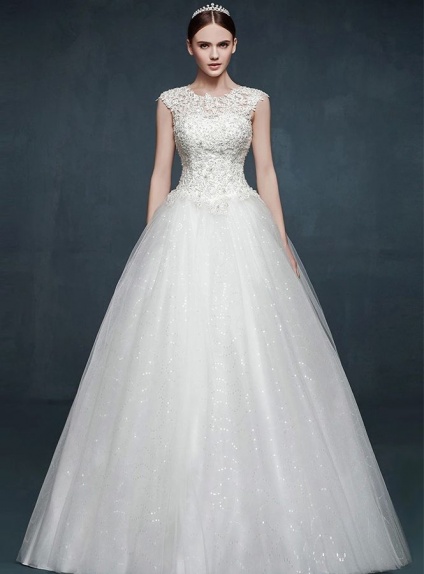 A-line Basque waist Floor length Tulle Lace Low round/Scooped neck Wedding dress
