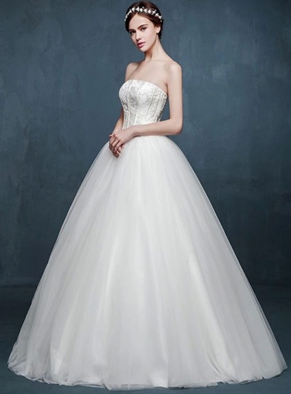 A-line Ball gown Strapless Floor length Tulle Satin Wedding dress