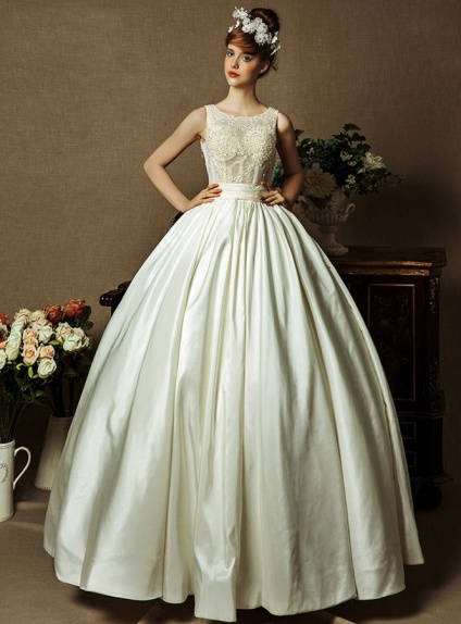 A-line Ball gown Floor length Taffeta Low round/Scooped neck Wedding dress