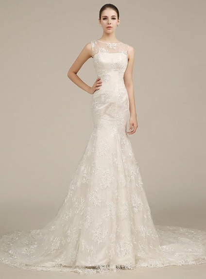 Mermaid Chapel train Lace Low round/Scooped neck Wedding dress