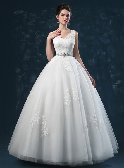 A-line Ball gown V-neck Floor length Tulle Lace Wedding dress