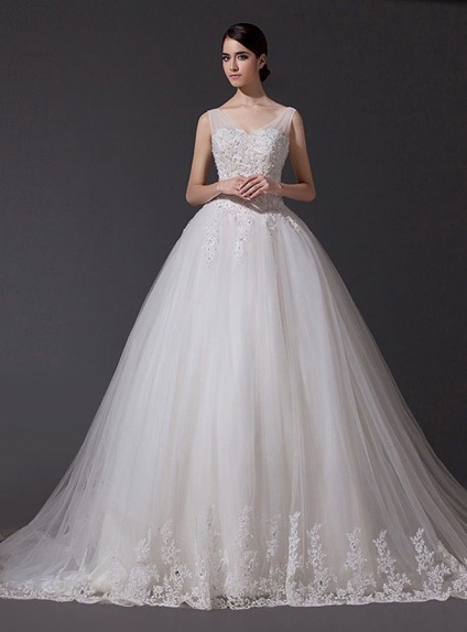 A-line V-neck Cathedral train Tulle Wedding dress