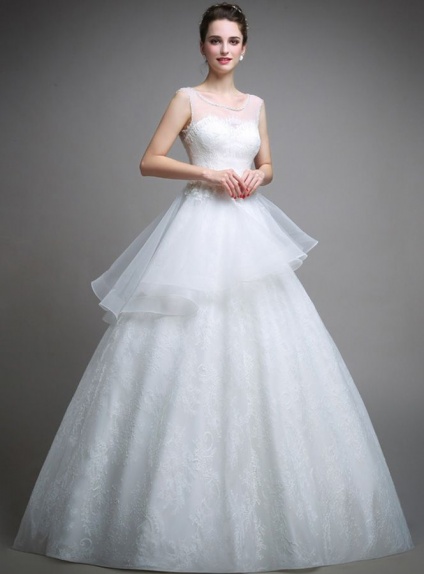 A-line Ball gown Floor length Organza Lace Low round/Scooped neck Wedding dress