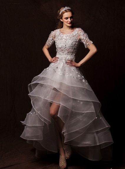 A-line Short Asymmetrical Tulle Low round/Scooped neck Wedding dress
