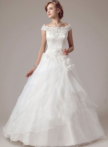 A-line Off the shoulder Floor length Organza satin Wedding dress