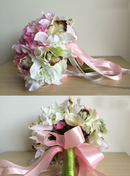 Elegant Pink and white Round Artificial Silk Ribbon Wedding Bouquet