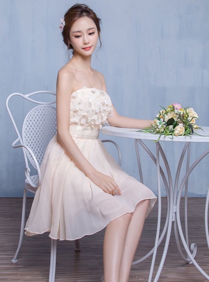Bridesmaid A-line Knee length Chiffon Lace Strapless Wedding Party Dress