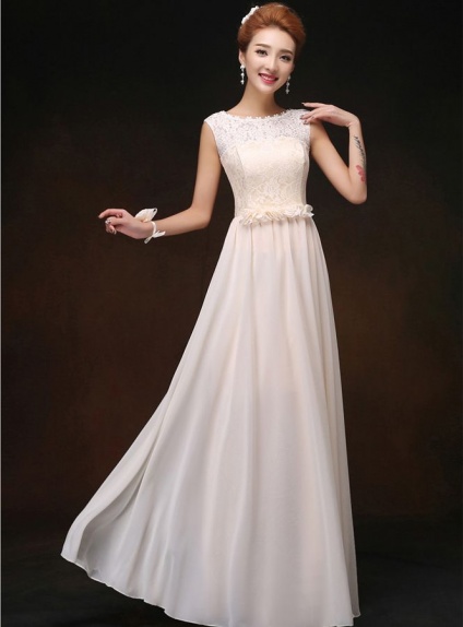 Bridesmaid A-line Floor length Chiffon Lace Low round/Scooped neck Wedding Party Dress