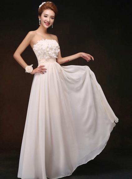 Bridesmaid A-line Floor length Chiffon Lace Strapless Wedding Party Dress