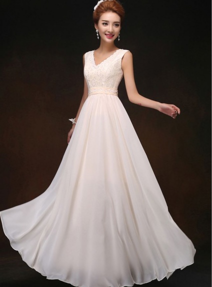 Bridesmaid A-line Floor length Chiffon Lace V-neck Wedding Party Dress