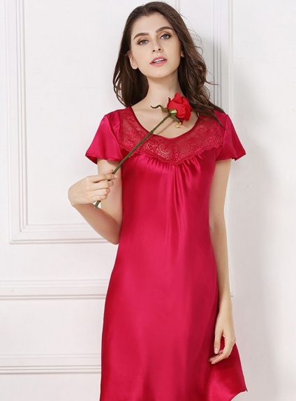 100% mulberry silk Red Sexy Low round/Scooped neck Bridal robe