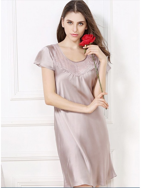 100 Mulberry Silk Gray Sexy Low Roundscooped Neck Bridal Robe 