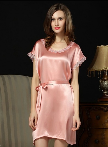 100% mulberry silk Pink Sexy Low round/Scooped neck Bridal robe