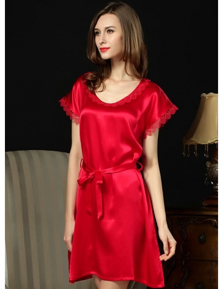 100% mulberry silk Red Sexy Low round/Scooped neck Bridal robe