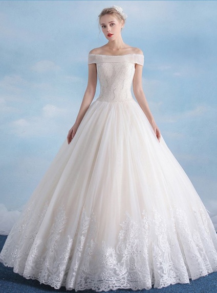 A-line Off the shoulder Floor length Tulle Wedding dress