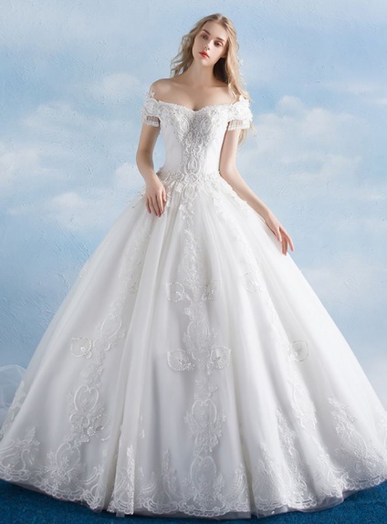 A-line Off the shoulder Floor length Tulle Wedding dress