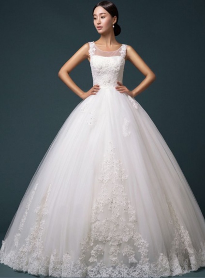 A-line Chapel train Lace Low round/Scooped neck Wedding dress