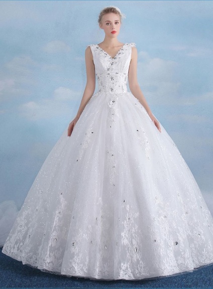 A-line Ball gown Floor length Tulle Lace V-neck Wedding dress