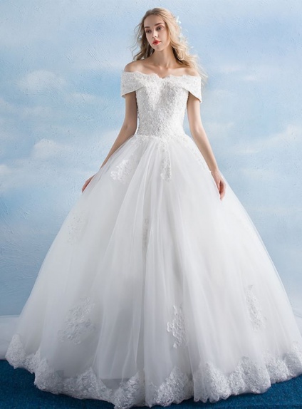 A-line Off the shoulder Floor length Tulle Lace Wedding dress