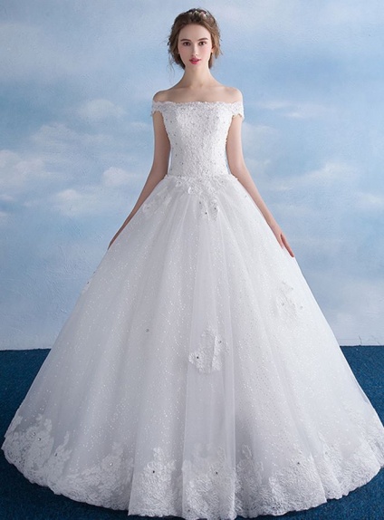 A-line Off the shoulder Floor length Tulle Lace Wedding dress