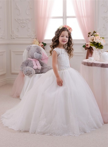 Flower girl A-line Chapel train Lace Low round/Scooped neck Wedding party dress