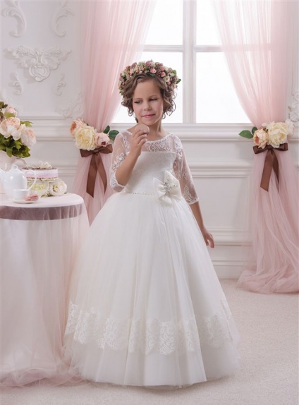 Flower girl A-line Floor length Tulle Lace Low round/Scooped neck Wedding party dress