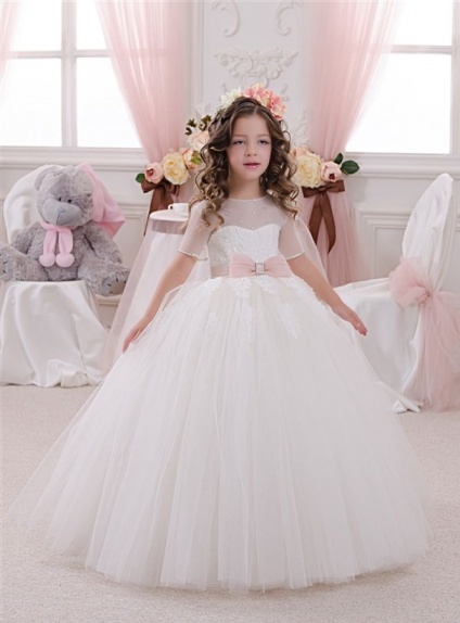 Flower girl A-line Floor length Tulle Low round/Scooped neck Wedding party dress