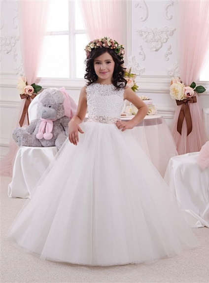Flower girl A-line Chapel train Tulle Lace Low round/Scooped neck Wedding party dresses