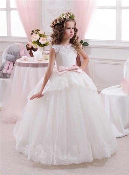 Flower girl A-line Floor length Tulle Lace Low round/Scooped neck Wedding party dresses