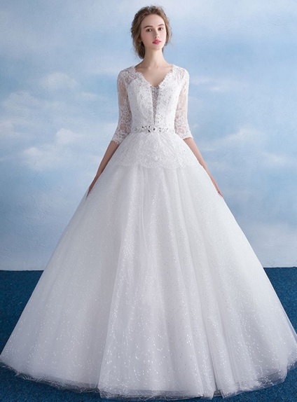 A-line V-neck Floor length Tulle Lace Wedding dress