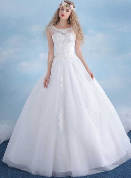 A-line Floor length Tulle Satin Low round/Scooped neck Wedding dress