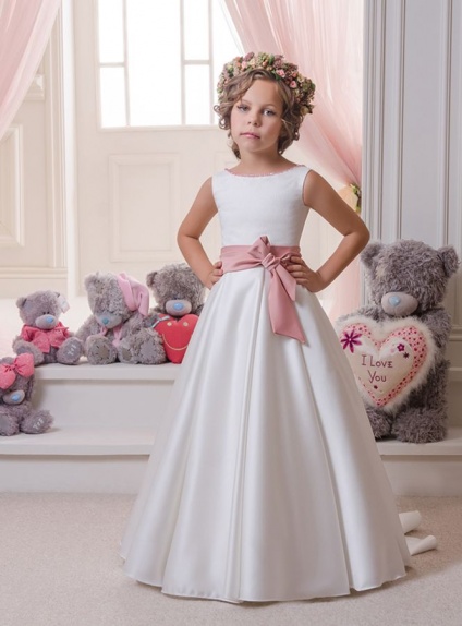 Flower girl A-line Chapel train Satin Lace Low round/Scooped neck Wedding party dress