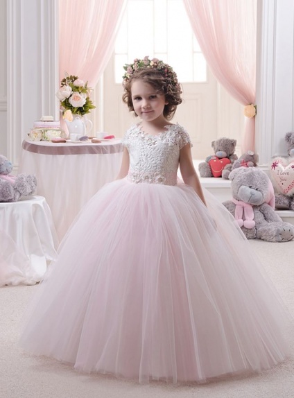 Flower girl A-line Floor length Tulle Lace Low round/Scooped neck Wedding party dress