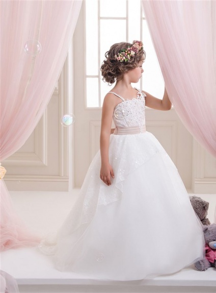 Flower girl A-line Chapel train Tulle Square neck Wedding party dress