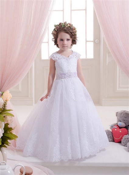 Flower girl A-line Chapel train Tulle Low round/Scooped neck Wedding party dress