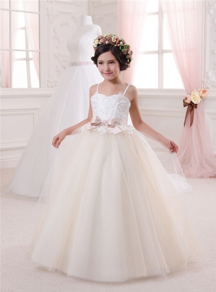 Flower girl A-line Floor length Tulle Satin Sweetheart Wedding party dress
