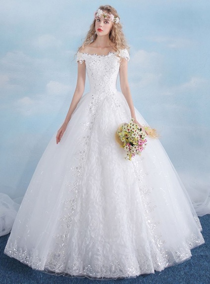 A-line Ball gown Floor length Tulle Lace Off the shoulder Wedding dress