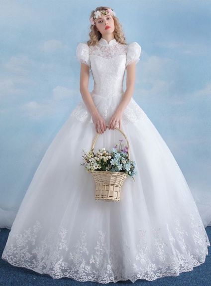 A-line Ball gown Floor length Tulle High round/Slash neck Wedding dress