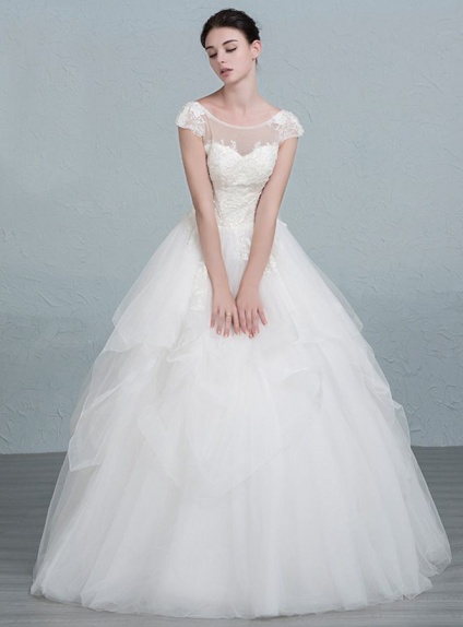 A-line Floor length Tulle Low round/Scooped neck Wedding dress