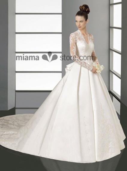 SARA - A-line V-neck Chapel train Satin Wedding dress