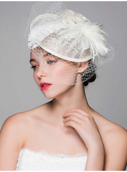 Feathers Fascinator with tulle blusher for Brides