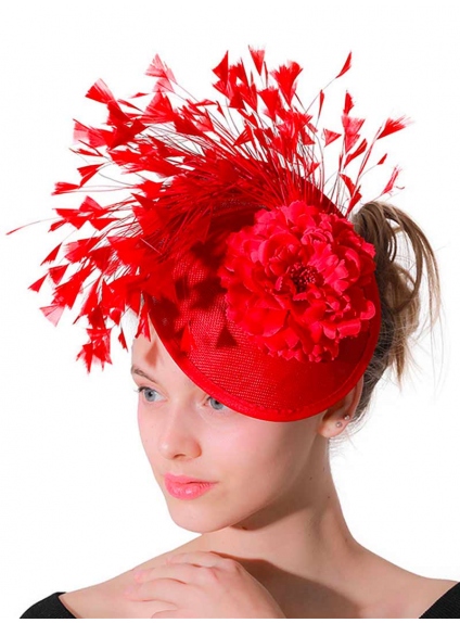 Cappello cerimonia rosso con fiore e piume