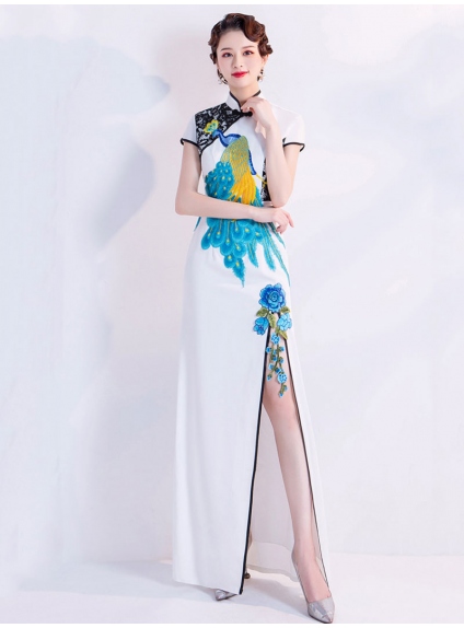 Traditional asian white long skirt with peacock