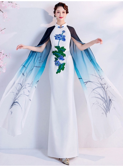 Elegant Silver Traditional Long Cheongsam Dress
