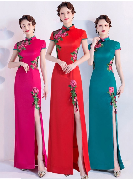 Chinese style long fuchsia, red or green cheongsam