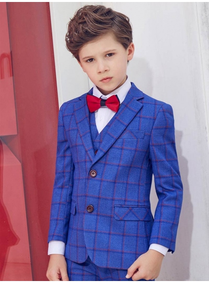 Checked red and blue elegant boy ring bearer suit